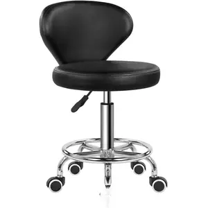 KKTONER PU Leather Low Back Rolling Stool with Footrest Height Adjustable Modern Work Swivel Task Drafting Chair with Wheels for Office SPA Home Salon (Black)