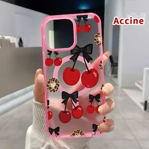 Cherry Bow Delight Pattern Magnetic Phone Case for iPhone 15 16 14 Pro Max 13 12 11 XR XS Plus E Shockproof Lightweight Transparent Protective Soft Cover Supports Wireless Charging