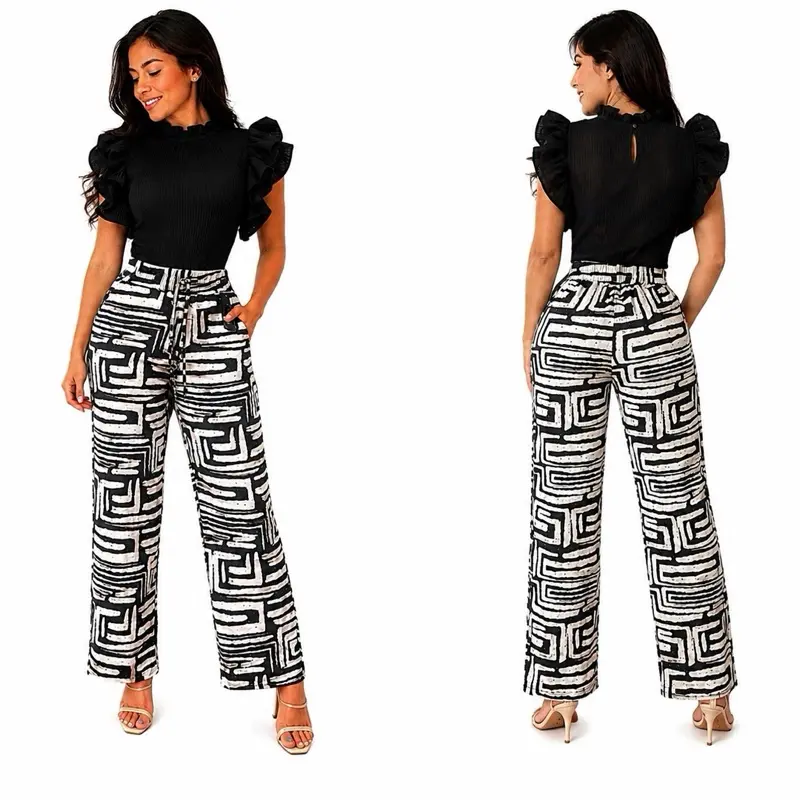 Women’s 2 Piece Pant Suit – Ruffle Sleeve Top & Printed Wide Leg Pants