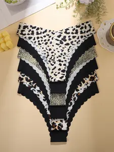Women's Seamless Knit Triangle Panty Set, Plain & Leopard Design, High Elasticity, Elegant Commute Wear, Comfortable All-Seasons