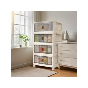 4 Tiers Foldable Storage Bins, 84 QT Per Stackable Plastic Storage Bins With Magnetic Double Door And Smooth Wheels Stackable Storage Containers For Toys, Snacks, Books, Clothes