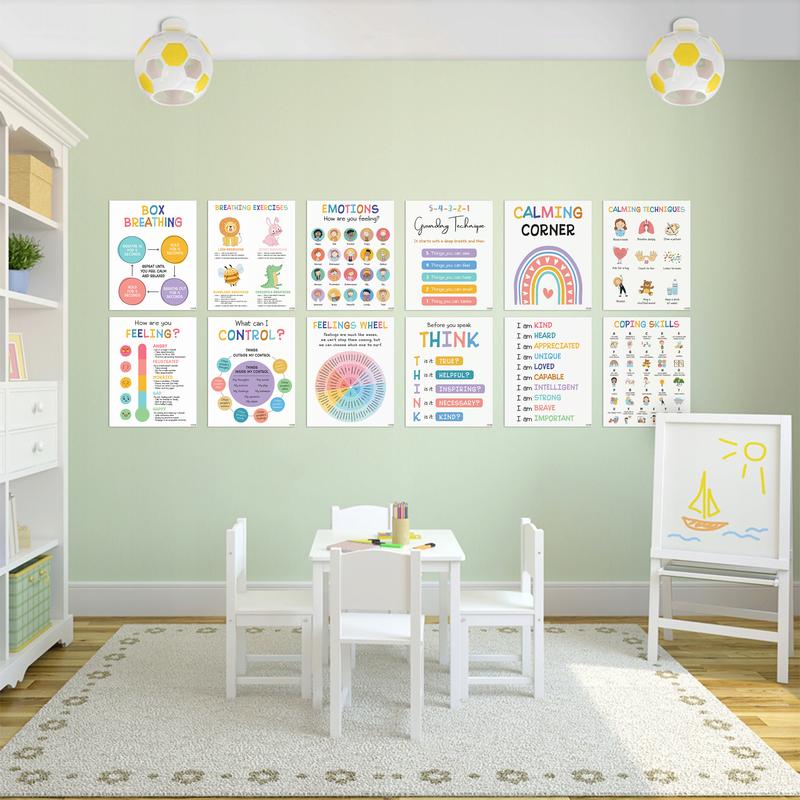 Calming Corner Classroom Posters 12 Pcs 8x10 Inches, Mental Health Therapy Office Decor for Kids Toddler, Emotional Intelligence, Big Feelings, Visual Learning Tools, Teaching Supplies, School Supplies