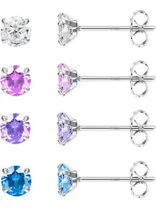 4 Pairs 3MM 925 Sterling Silver Stud Earrings for Women Hypoallergenic Silver Studs Earrings Set Cubic Zirconia Cartilage Earring Colourful Pierced Earring Sets