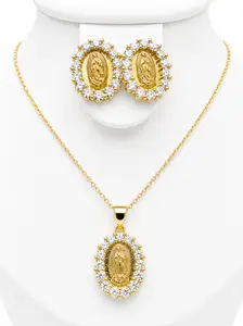 Virgin Mary Jewelry Set – CZ Halo Necklace & Stud Earrings | 16” Chain + 2” Extender | Waterproof Religious Jewelry