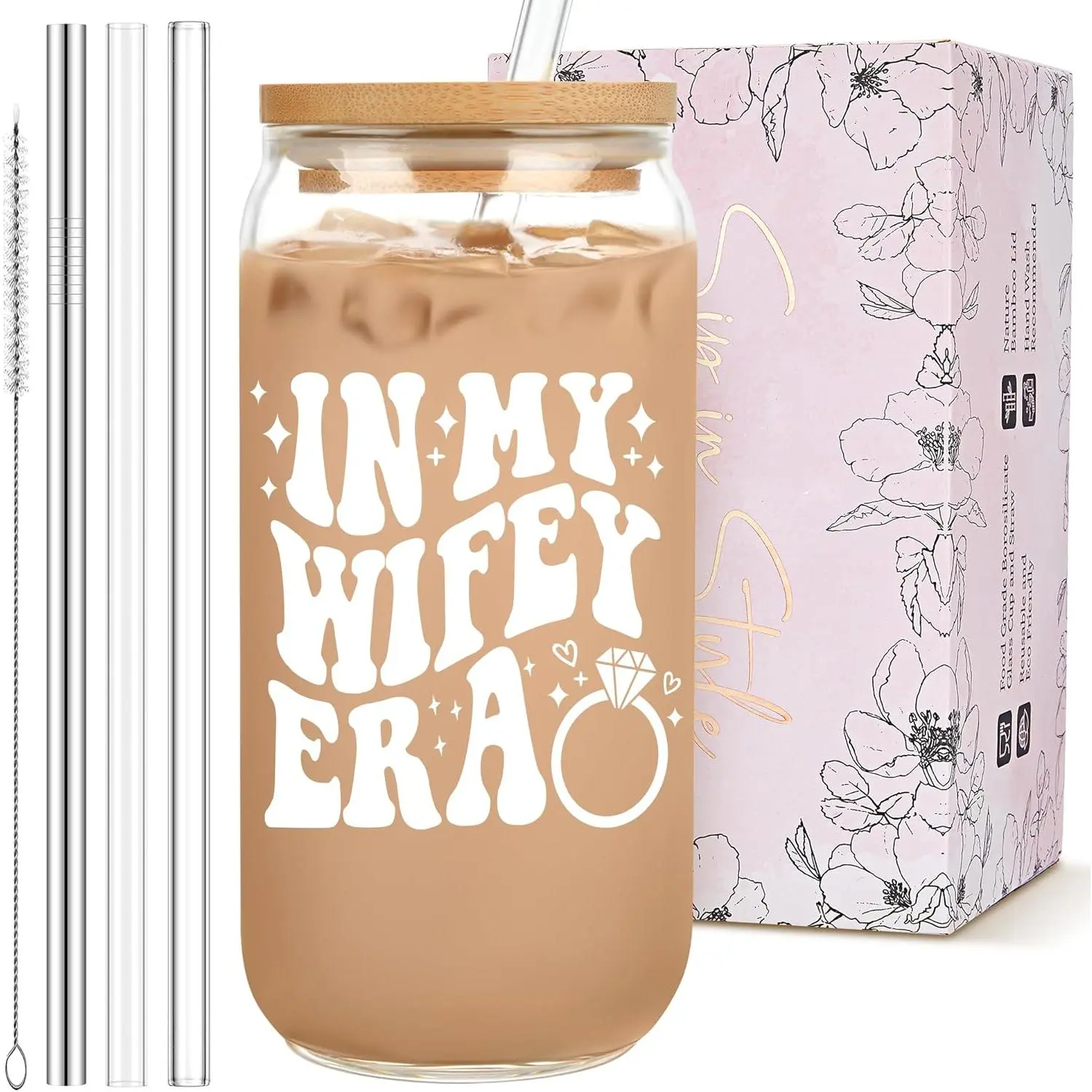 "In My Wifey Era" Print Glass Tumbler Cup - Bachelorette Wedding, Bridal Shower Gift for Bride-to-Be, Washable, Portable, Reusable, Stylish Home & Party Drinkware, Wedding Theme Party Gifts