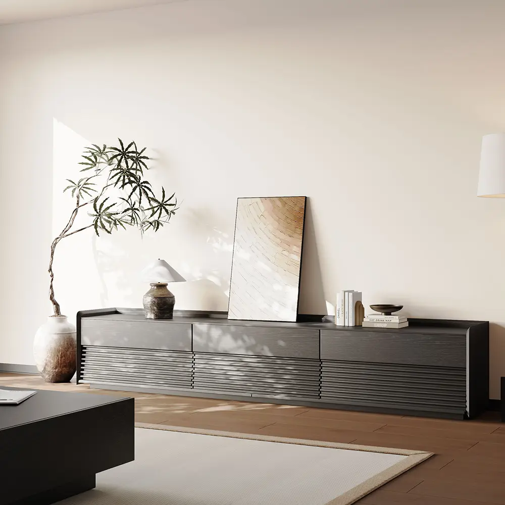 94.49" Mid-Century TV Stand, Modern Entertainment Center, Cabinet with Adjustable Light, Black TV Console，Fully-Assembled, Perfect for 85-inch TVs