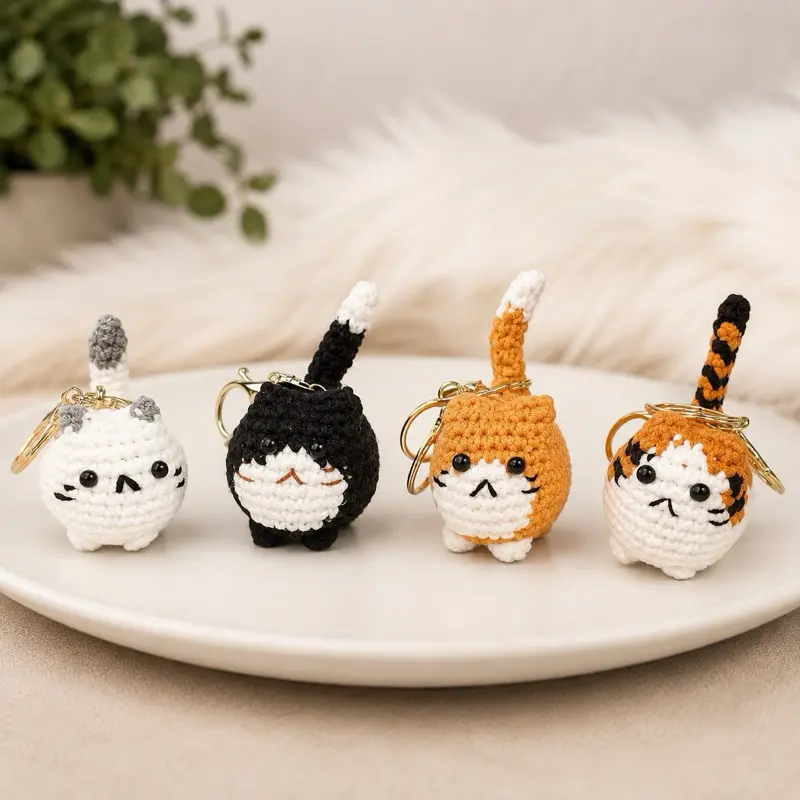 Cute Crochet Cat Keychain, Handmade Cat Bag Charm, Kawaii Purse Accessory for Women & Girls