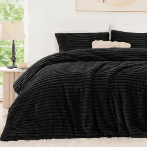 Fluffy Comforter Set, Queen Size-Super Soft Faux Fur Stripe Jacquard, 3 Pieces-1 Comforter With 2 Pillowcases, Black Fleece, Winter Warm Bed Set