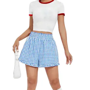 Vhein Women's Plaid Print Patched Button-Front Elastic Waist Straight Leg Shorts, Casual Comfy Lady Buttons Shorts for Summer Beach, Fit Daily Wear Bottoms