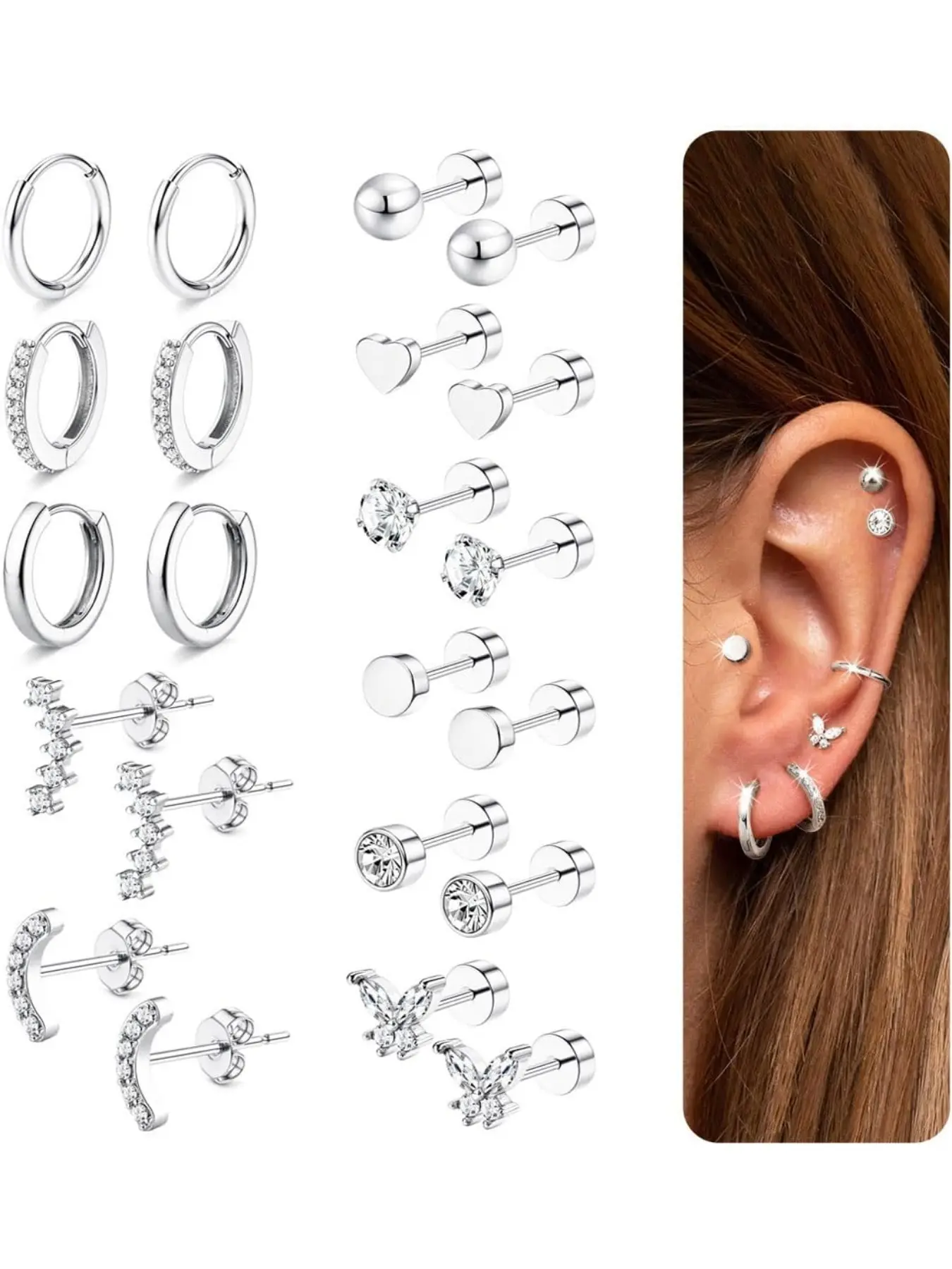 11 Pairs Flat Back Earrings Women Steel Earrings Cartilage Piercing Hypoallergenic Earrings Stud Hoop Earrings Set 18K Gold Ear Piercings Earring Sets for Multiple Piercings Stud Earrings Jewelry