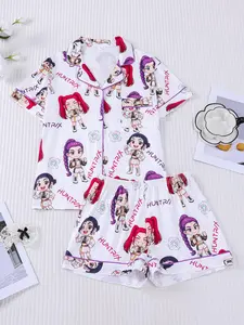 Cartoon Character Pajama Set Women, Demon Theme Sleepwear, Short Sleeve Button Top and Shorts, Trendy Lounge Gift Idea