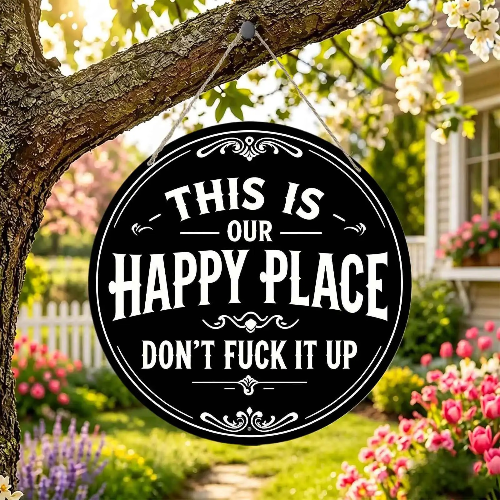 This Is Our Happy Place Don't Fuck It Up Round Metal Sign 8"x8", Funny Sarcastic Home Themed Wall Decor for Cabin, Man Cave & Bar, Retro Plaque