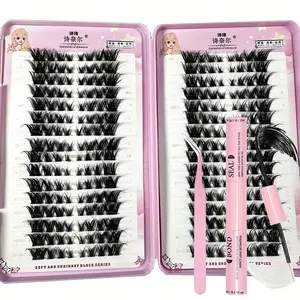 Natural clustered long lasting eyelashes - fox eye and cat eye appearance, mixed length, suitable for various shapes, DIY comic style eyelashes suitable for various occasions, DIY Eyelash Extensions+double headed glue+special clip