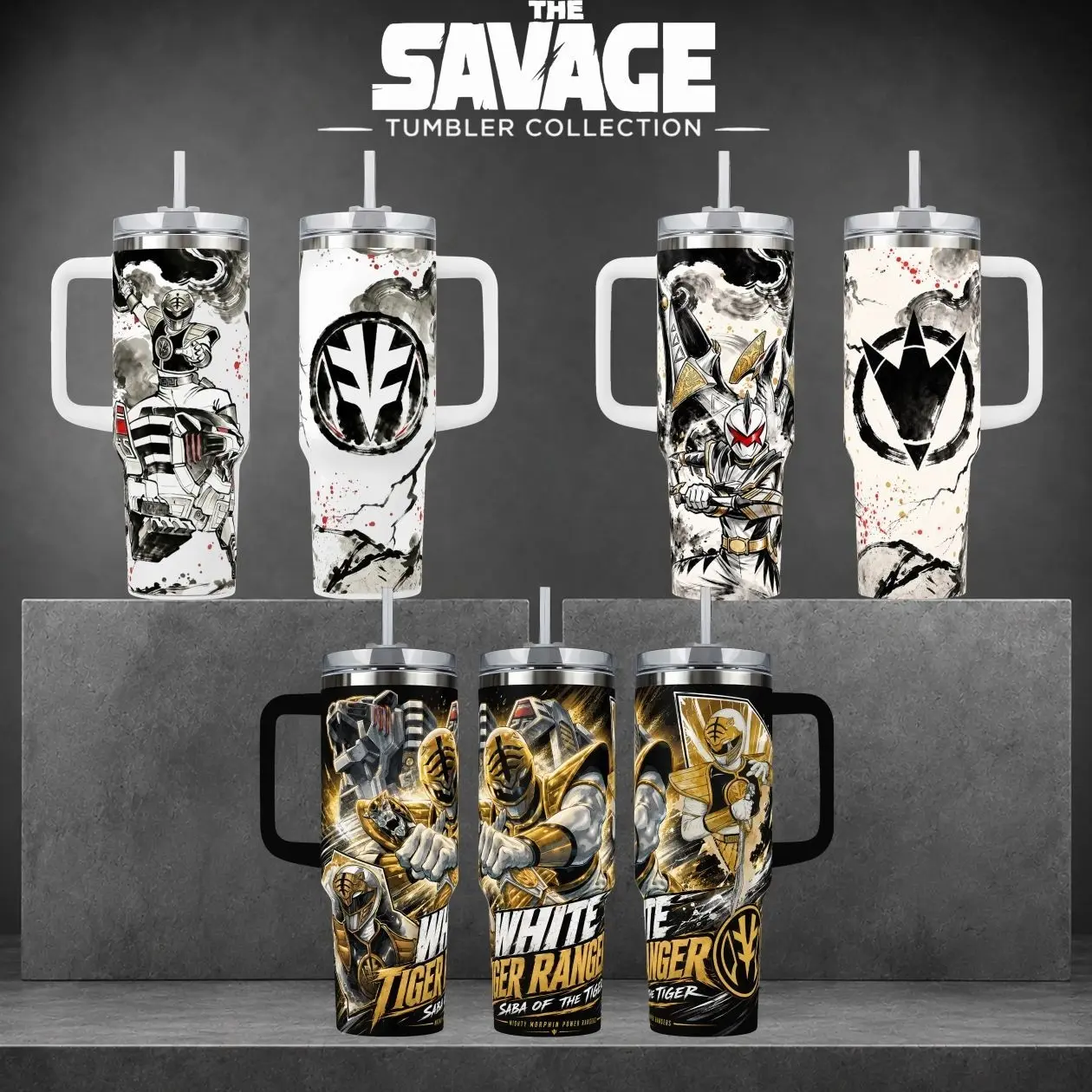 White Ranger Tigerzord Graphic Tumbler, Mighty Morphin 40oz Cup with Handle, Saba Sword Martial Arts 20oz Stainless Steel Travel Mug, 90s Nostalgia Hero Gift, White Ranger Inspired Insulated Tumbler