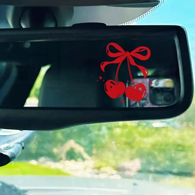 2PCS/SET Sweet Red Cherry & Bow Car Rearview Mirror Sticker Automobile Decals For cars, Cute car accessories, with red cherry + bow + star decoration as elements
