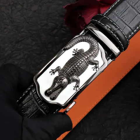 High-End Business Men's Leather Belt, Crocodile Texture Automatic Buckle Waistband, Premium Quality Casual Pants Strap, Premium Belts, Belt with Buckle