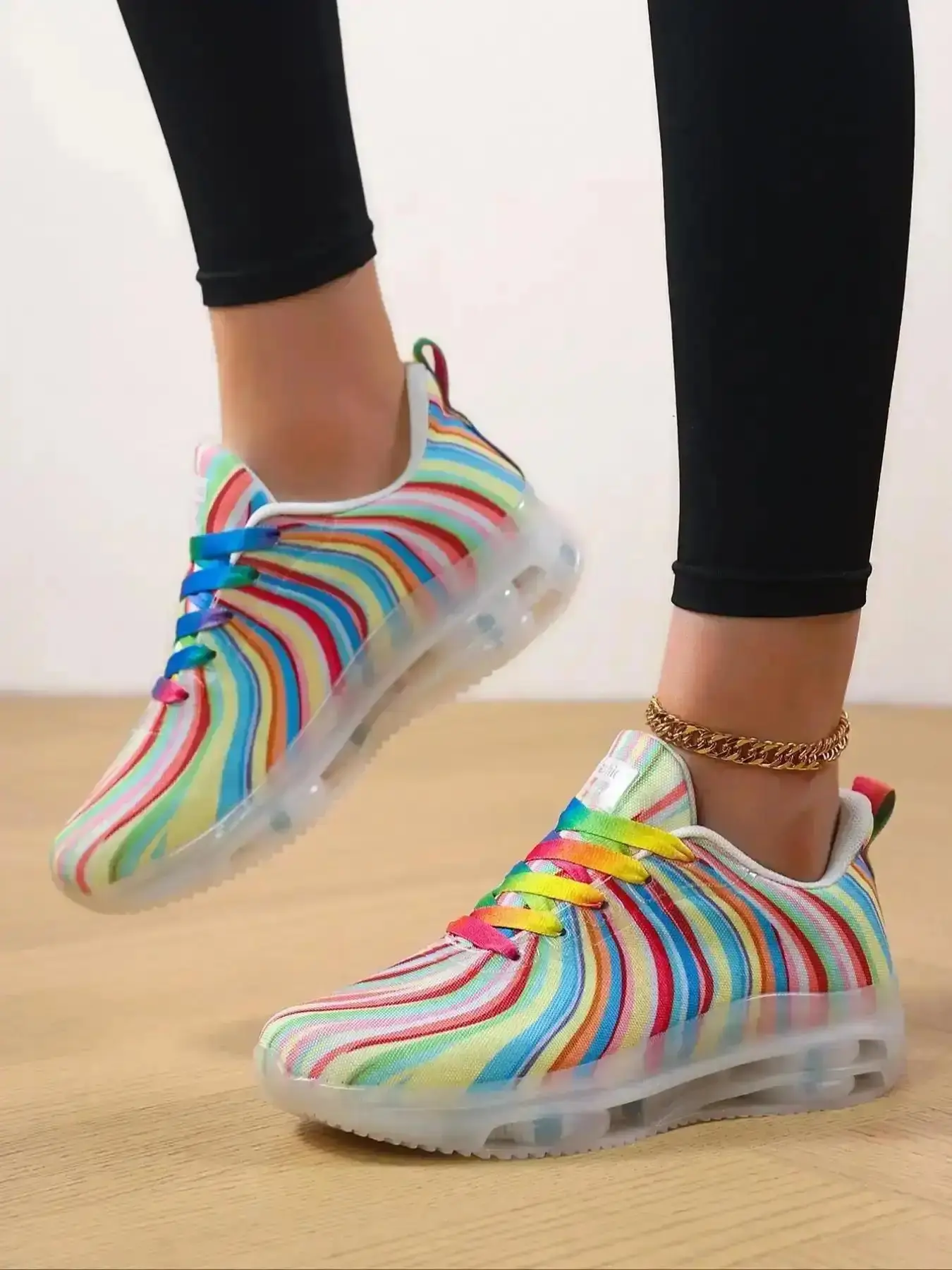 Women's Rainbow Flat Colorblock All Seasons Sneakers Fashionable Comfort Breathable Design Striped Jelly Sole Lightweight Casual Shoes for Daily Wear Outdoor Sports Athletic Training Women Versatile Fashion Pair modern