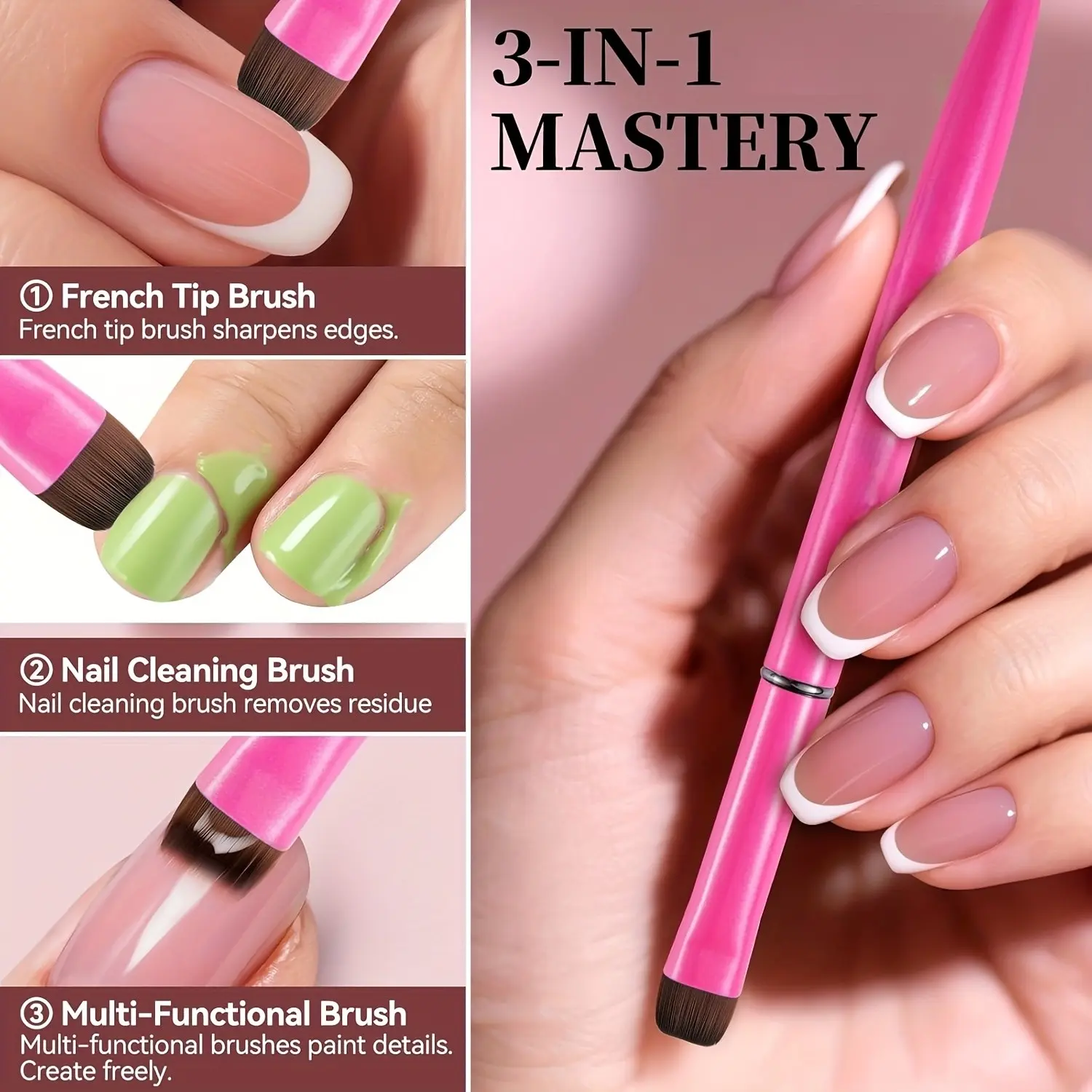 Three-In-One French Manicure Brush, Multi-Function Brush Head, Precision Gel and Acrylic Nail Cleaner, Remover Brush, Nail Polish Brush, Nail Cleaning Brush, Nail Art, Nail Art Tools