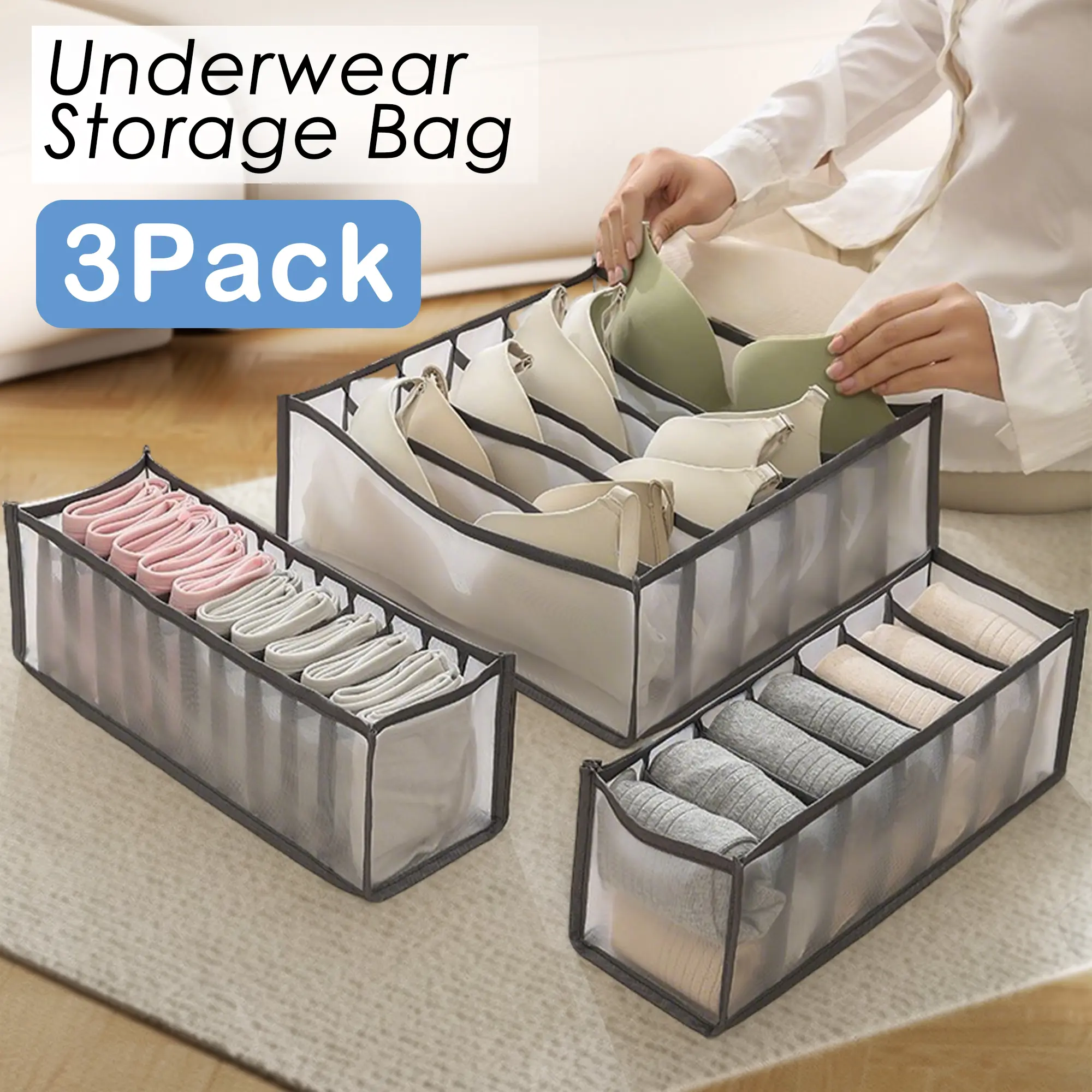 3 Counts Foldable Underwear Organizer, Drawer Organizer Divider Bins For Bras, Socks, Ties, Underwear Storage Box, Suitable For Neat And Tidy Drawer Arrangement