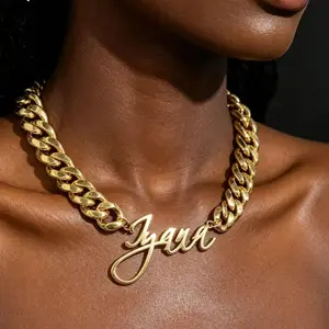 Stainless Steel Hypoallergenic Name Plate 14mm Adorn Cuban Custom Initial Thick Miami Chain Gold Statement Necklace fashion retro