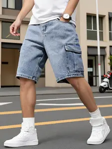 Men's Summer Denim Shorts, Loose Straight Fit, Casual, Multi-Pocket Workwear Jeans, Knee-Length Half Pants, Street Style Streetwear Fashion