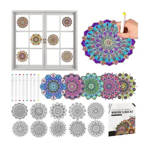 10 Pcs Mandala Window Clings, Color Your Own Stained Glass Mandala Art Kit with Markers, Window Stickers for Bird Strikes Window Decals for Glass Windows, Crafts for Kids Adult (Mandala 02)