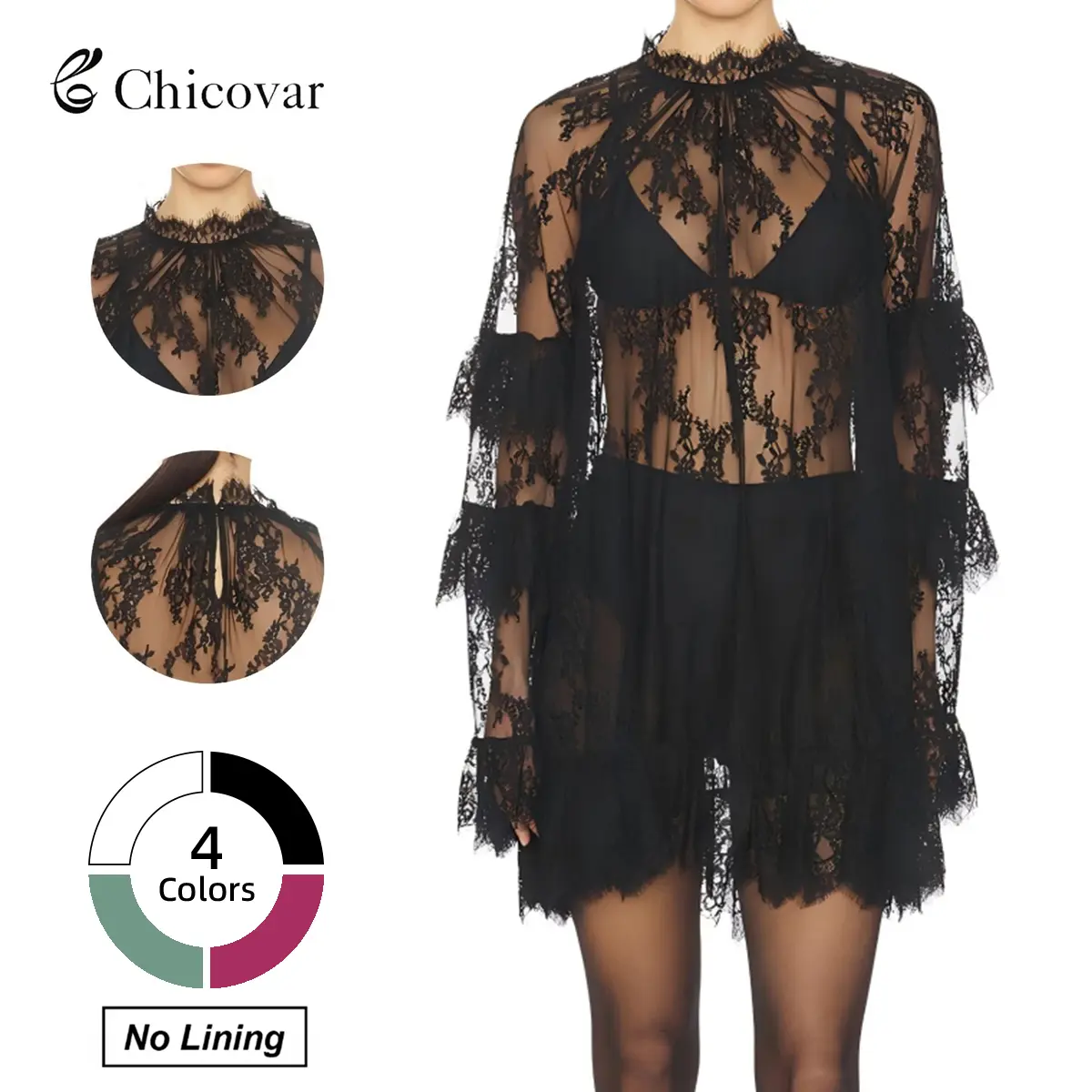 Chicovar  NO Lining! Women's Sheer Lace Dress, See Through, Unlined, Long Sleeve, Crew Neck, Elegant Night Out Mini Dress, Concert, Party, Summervibes
