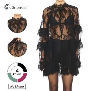 Chicovar  NO Lining! Women's Sheer Lace Dress, See Through, Unlined, Long Sleeve, Crew Neck, Elegant Night Out Mini Dress, Concert, Party, Summervibes