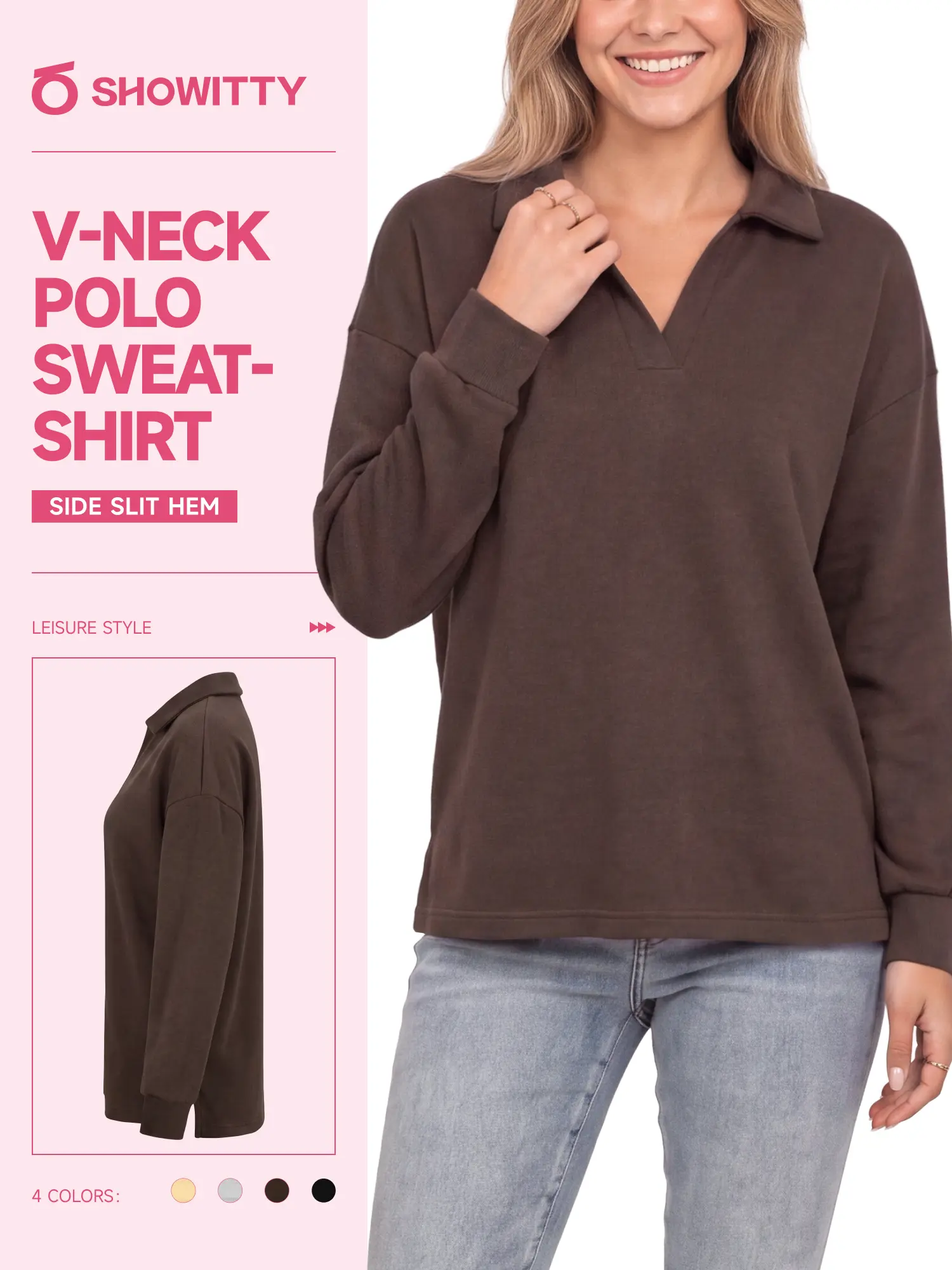 【Everyday Minimal】SHOWITTY Womens V Neck Collared Sweatshirt Long Sleeve Pullover Top Side Slit High Low Casual Blouse