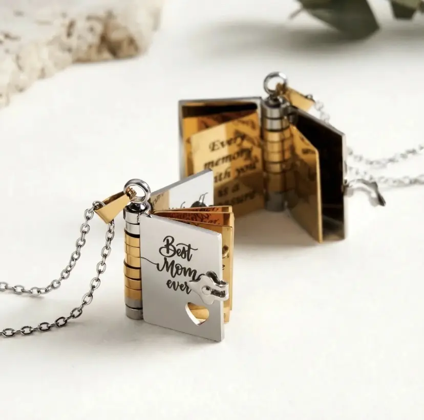 Engraved Necklaces for Mom, Flip-Page Book Pendant in Tarnish-Resistant Stainless Steel, 50cm Personalized Jewelry Gift for Birthday, Custom Necklaces, Meaningful Gifts, Letter Necklace, Steel Chain