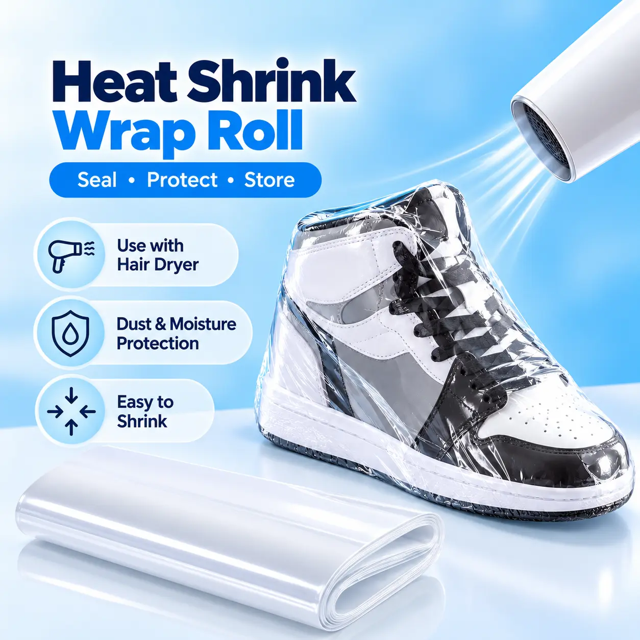 50PCS Clear Heat Shrink Wrap Bags for Shoes, PVC Shrink Film Storage Bags, Dust & Moisture Protection, Heat Sealable with Hair Dryer, Transparent Protective Packaging for Sneakers, Remote Controls & Small Items, 4 Sizes