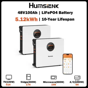 【2PACK】Humsienk 48V 100Ah Wall-mounted LiFePO4 Bluetooth Battery, Built in 100A BMS & LCD Touchscreen(Indicator), Grade A Cells & 6000+ Deep Cycles for Off-Grid, Solar System, Home Backup