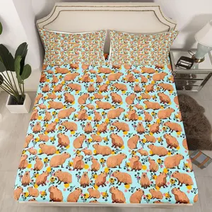 Capybaras Fitted Sheet,Kawaii Capybara Bed Sheets,Cute Cartoon Capybara Rodent Animals Sheets,Botanical Leaves Brown Blue Yellow Polka Dots Room Decor Bed Set for Children