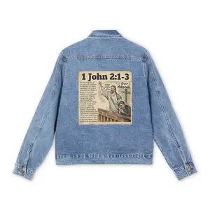 Jesus In Heaven's Courtroom - 1 John 2:1-3 Bible Verse - Denim Jacket | Scripture Patch Back