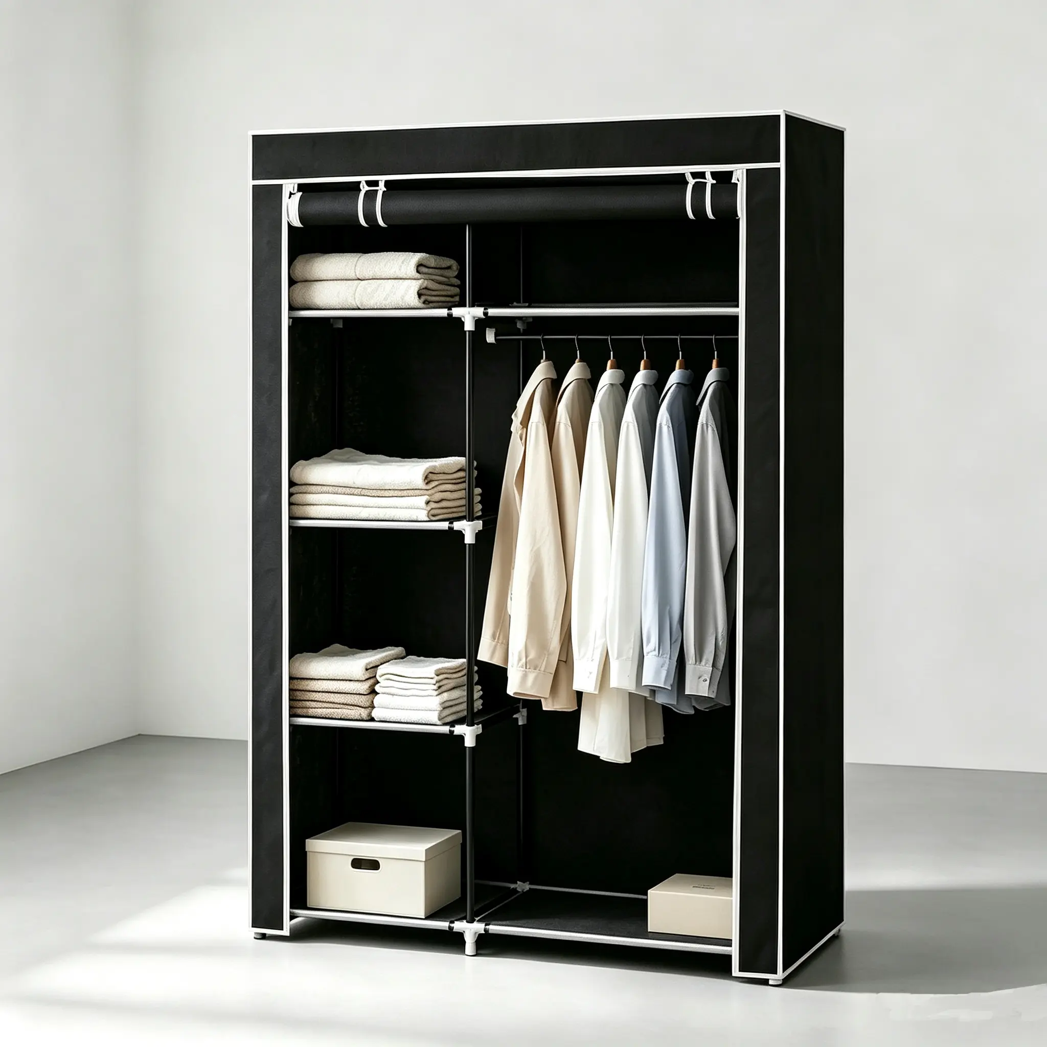 Black 64" Portable Closet Storage Organizer Wardrobe, Clothes Rack with Shelves for Bedroom Furniture Sets