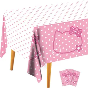 3CT Pink Bow Kittens Party Supplies Tablecover, Cute Kitten Dot Tablecloth, Rectangle Disposable 54*108in White Pink Stainproof Party Decor for Girls’Birthday, Baby Shower, Wedding, Bachelor