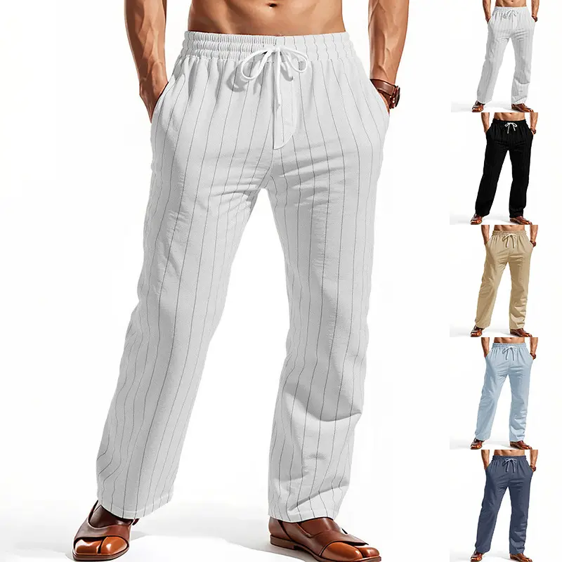Men's Loose Fit Straight-Leg Long Pants, Fine Vertical Linen-Like Texture, Elastic Drawstring Waist, Side Pockets, Lightweight Breathable Drapey Wrinkle-Resistant, Ideal for Beach Commuting Home, Multi-Color Options
