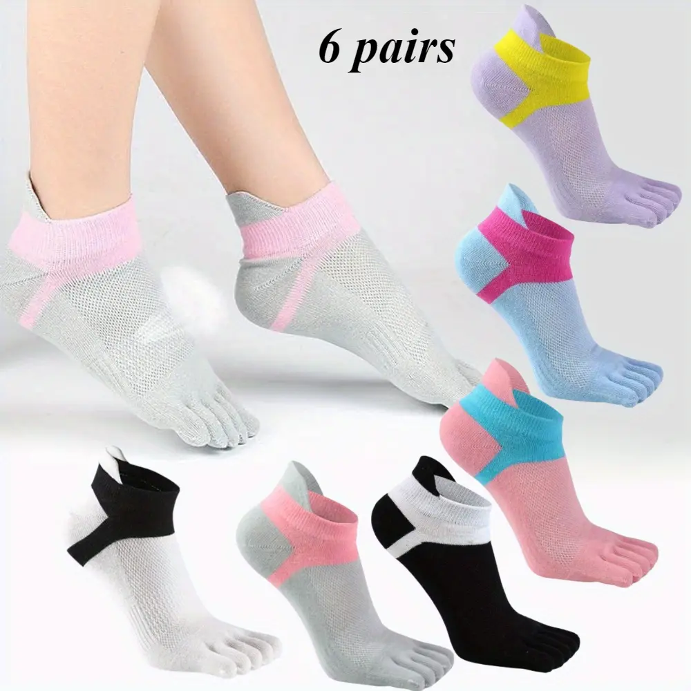 Adults' 6-Pairs Mixed Colors Colorblock Split-Toe Sports Cotton Socks - Moisture-Wicking, Soft, Breathable, Invisible Crew Socks, Quick-Dry, Reduces Blisters, Suitable for Daily Wear & Sports