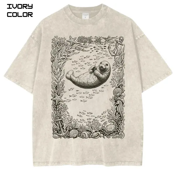 Vintage Manatee Graphic T-Shirt, Sea Cow Tee, Ocean Animal T-Shirt, Marine Life Shirt, Summer Tee, Unisex Streetwear Tshirt, cotton crewneck shirt, Trending Viral, Beach Lover Gift