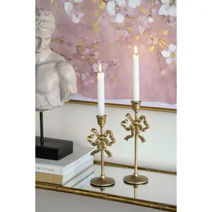 2-Pack Gold Cast Iron Metal Pedestal Candle Holders, Vintage French Country Home Decor Ornaments with Playful Bow Detail