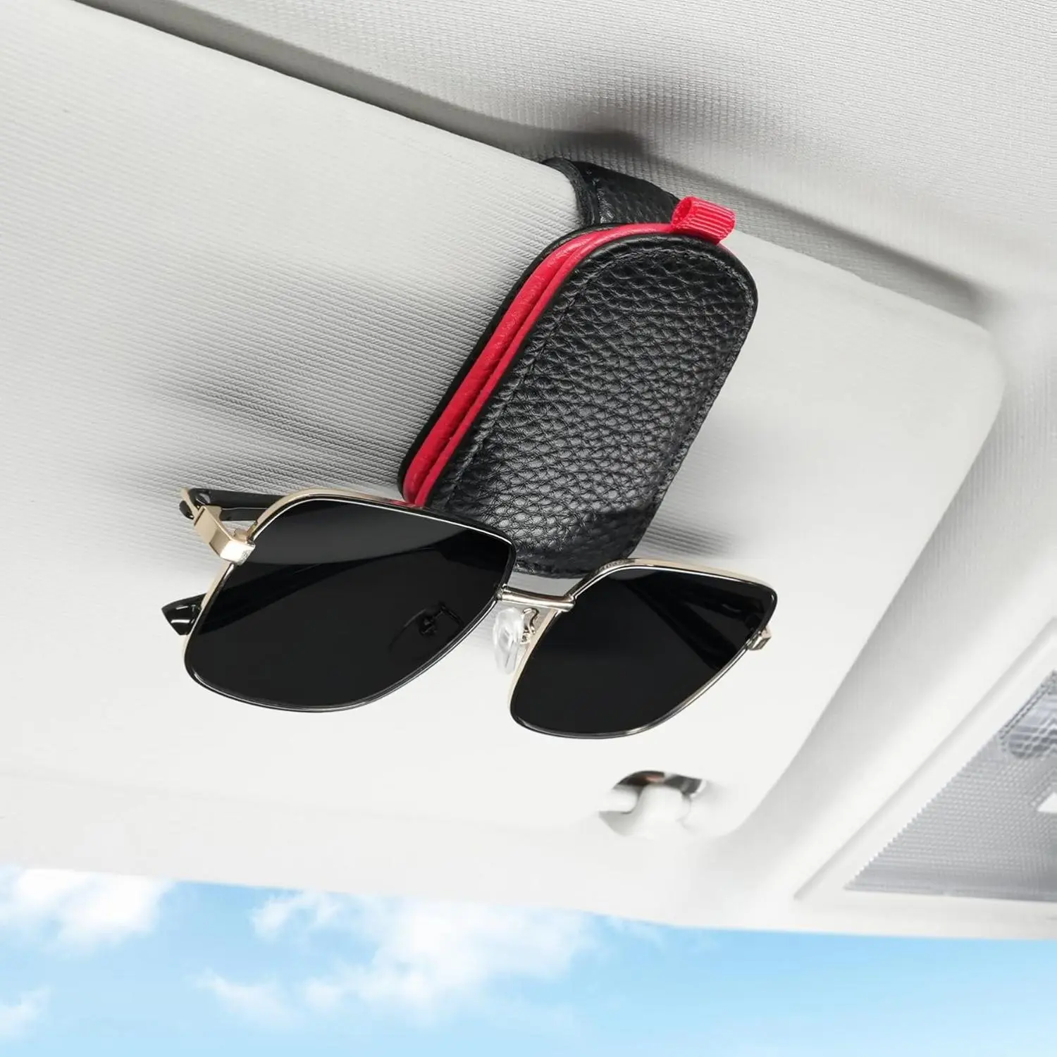 Sunglasses Holder for Car, Leather Magnetic Buckle Sun Visor Sunglass Clip, Ticket Card Storage Glasses Clip, Car Interior Accessories for Men and Women（Black-red）, Car Accessories Women, Men's Car Accessories