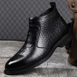 Men's Mid-Top Business Casual Slip-On Shoes with Crocodile Embossed Design & Convenient Side Zipper Boots