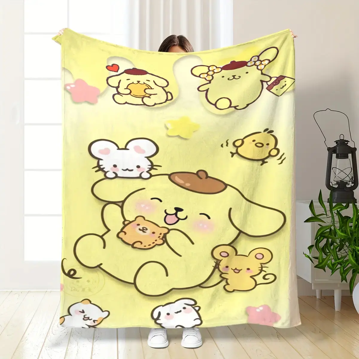 Light Yellow Background Pom Pom Purin And Friends Print Throw Blanket Kawaii Sanrio Character Fluffy Flannel Blanket Girls Bedroom Decor Gift