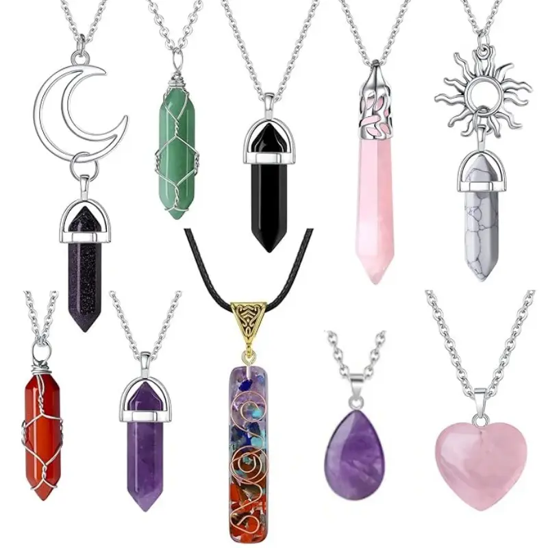 Natural Crystal Point Pendant Necklace, Mixed Chakra Raw Stone Necklaces for Women, Moon Sun Heart Teardrop Quartz Crystal Pendant Jewelry, Boho Decorative Necklace for Daily Wear & Gift