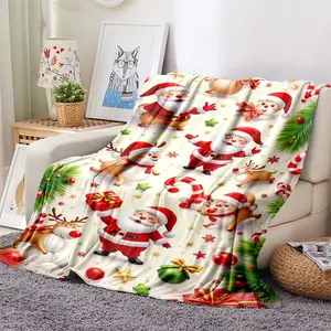 Luxury Flannel Cartoon Santa Blanket, Soft Polyester Fiber Throw for Bed Sofa Outdoor Travel Gift, Modern Style Christmas Halloween Decor