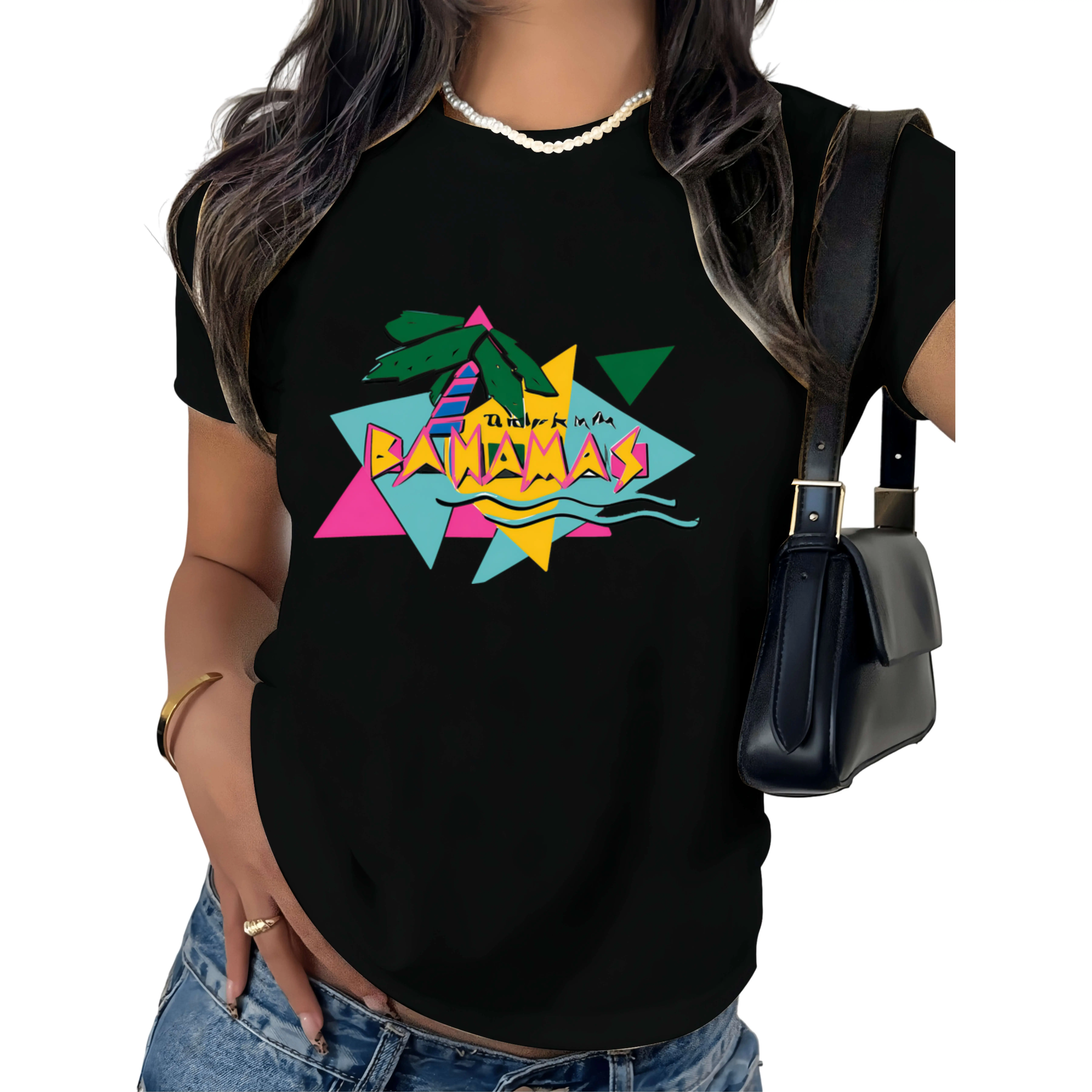 Bahamas Bahamas Island Vintage Printed Women'S T-Shirt Beach Vacation Travel Departure Top Vigorous Retro Short Sleeve Travel Atmosphere T-Shirt 01 Women'S All Season Printed Crew-Neck Top