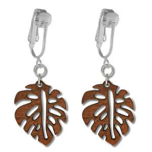 Silver Wooden Leaves Clip On Dangling Earrings