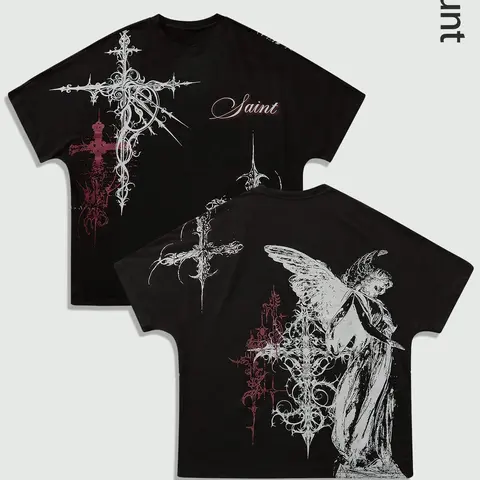 Gothic Oversized Cross Print Grunge Aesthetic Graphic T-Shirt, Rebellious Summer Casual Fit Tee Shirt for Men, Unique Street Style Fashion Perfect for All Season