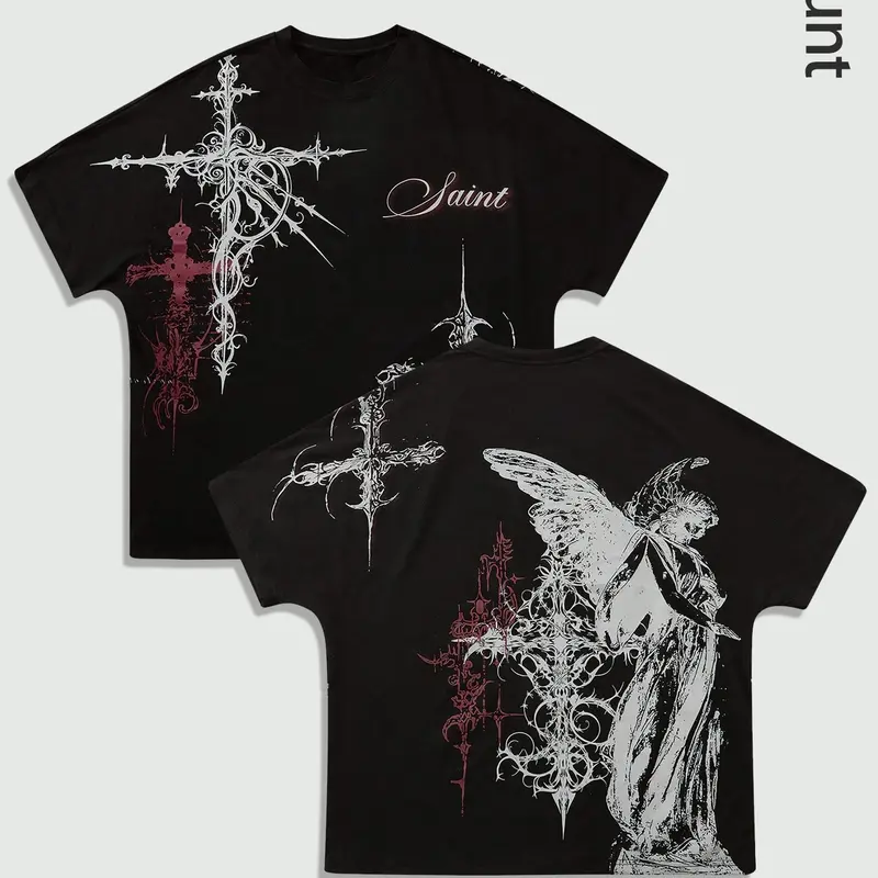 Gothic Oversized Cross Print Grunge Aesthetic Graphic T-Shirt, Rebellious Summer Casual Fit Tee Shirt for Men, Unique Street Style Fashion Perfect for All Season