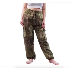 Hippie Patchwork Pants Traditional Organic cotton pants - Unisex Boho - Handmade Beach pants -  Hippie Bohemian Style - Green